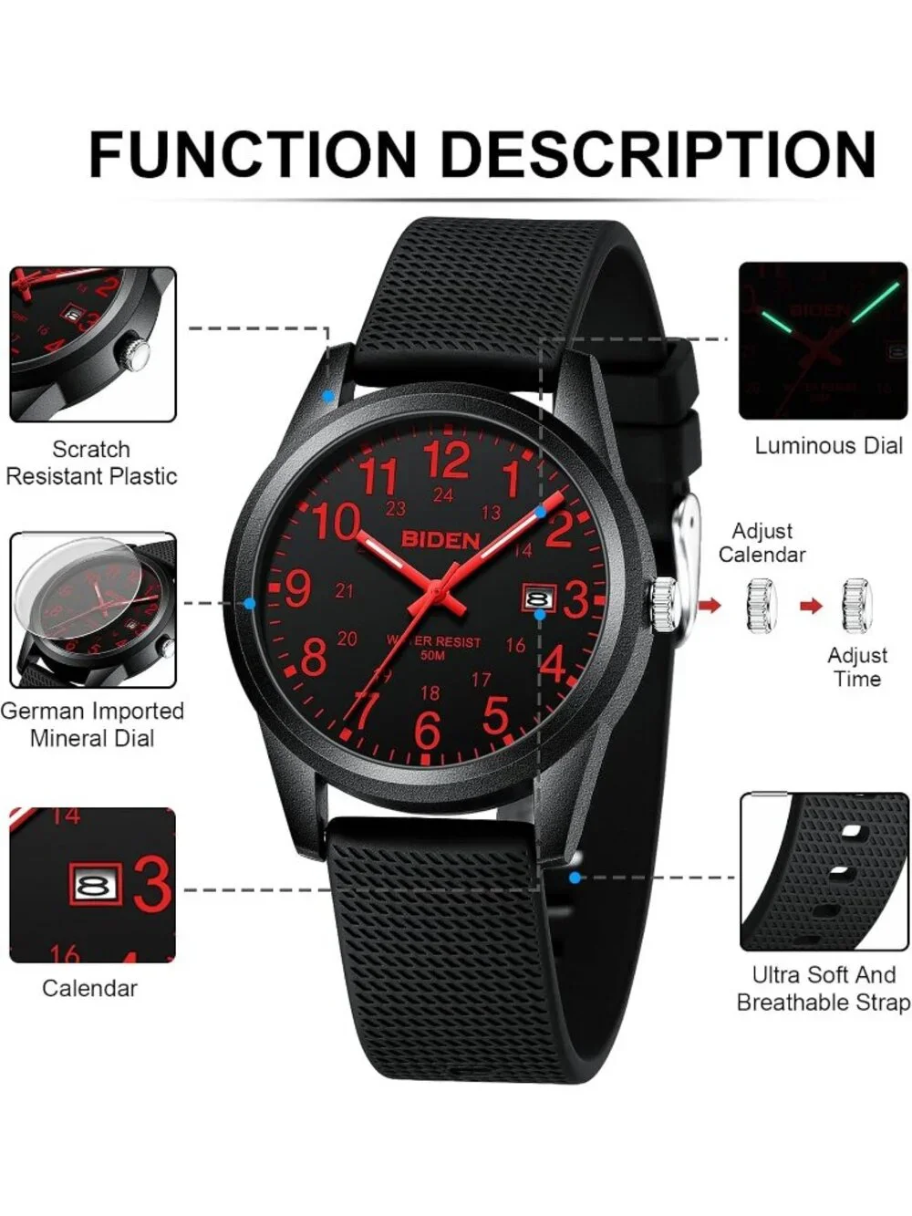Mens Black Red Analog Quartz Unisex Medical Professionals Waterproof Nurse Watch